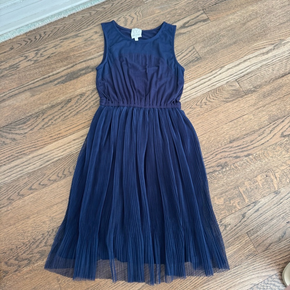 Girls Navy Sleeveless Pleated Mesh Dress